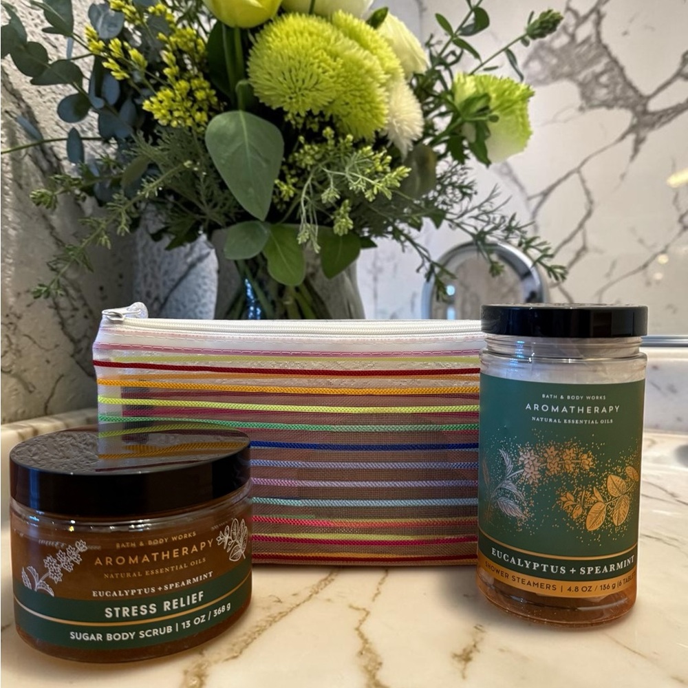 Bath&Body Works Aromatherapy Eucalyptus+Spearmint Stress Relief Bundle+Pouch NWT